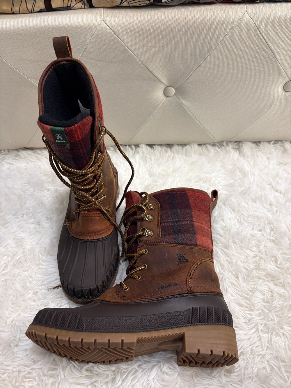 Kamik Women's Brown & Red Plaid Winter Rain Boots